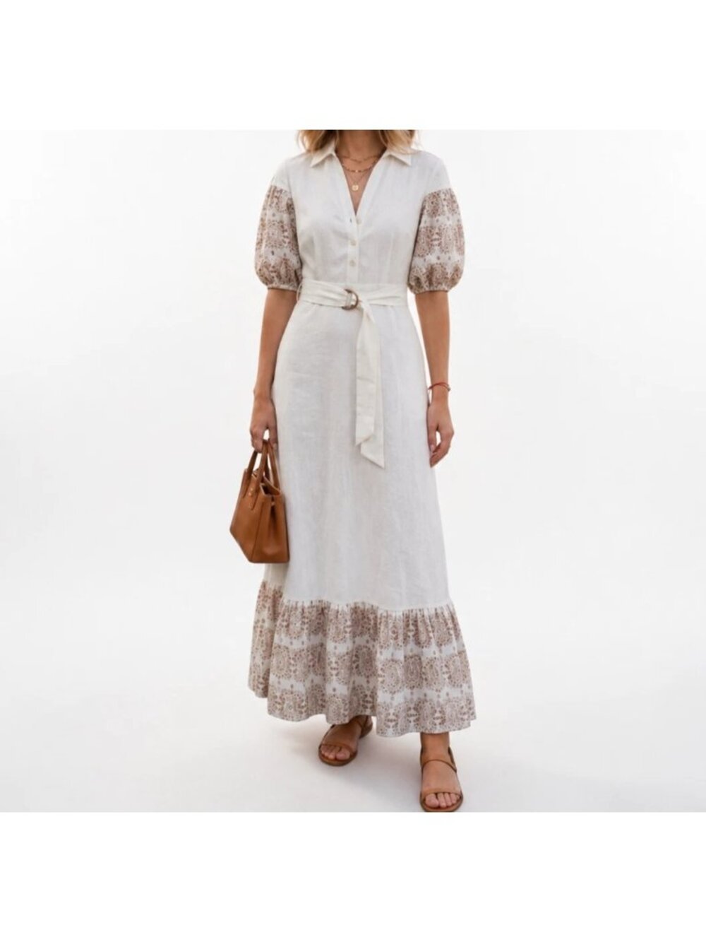Solitaire Ivory & Beige Embroidered Maxi Dress Sz M Eyelet Sleeve Boho Prairie